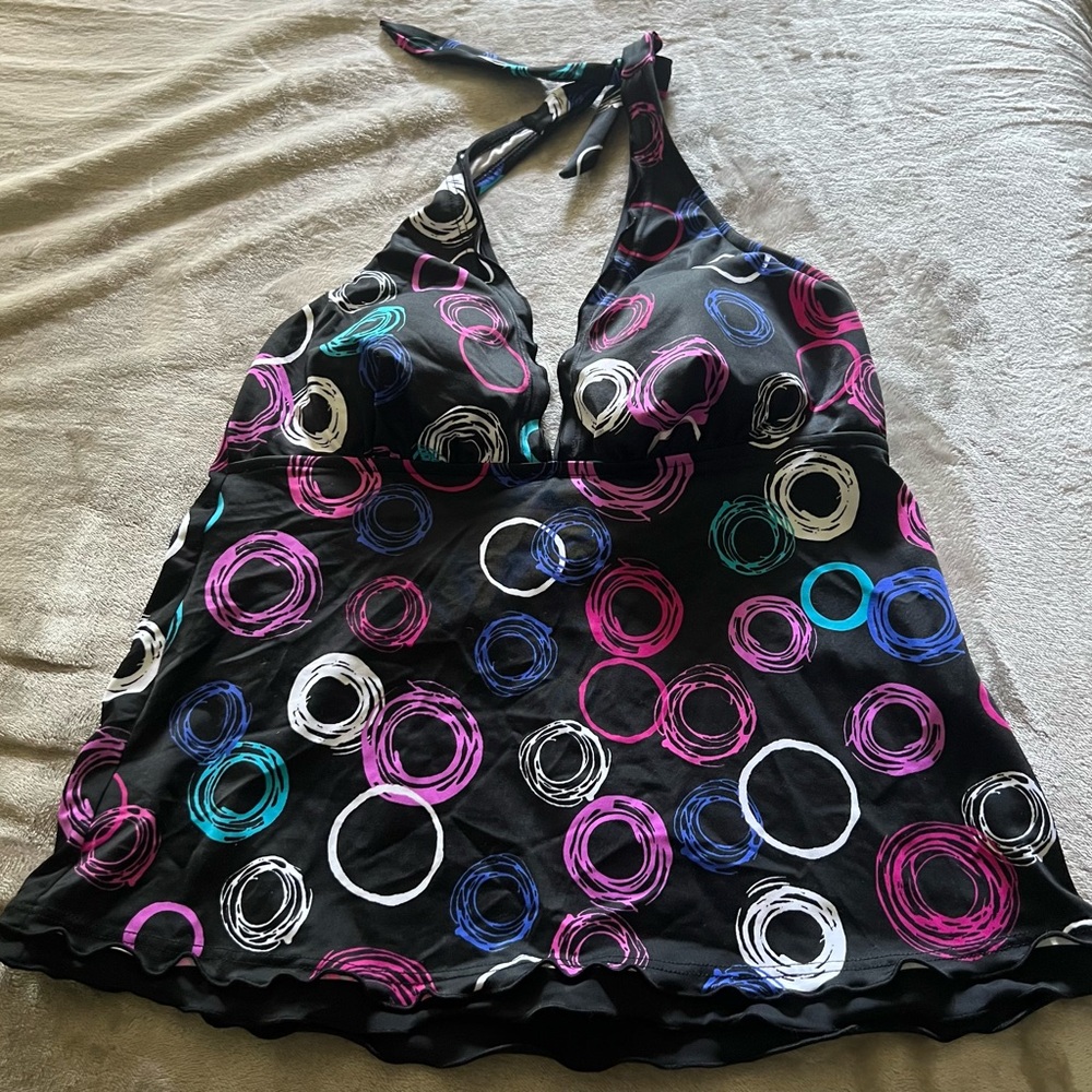 Jamaica Bay Black And Multi Color Ruffle Edge Tankini Swim Top Size 16